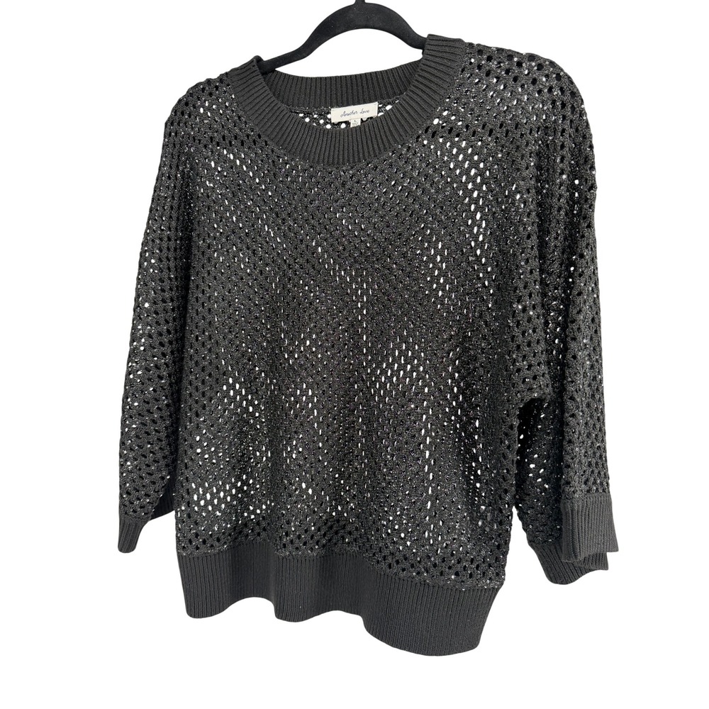 Another Love Black Metallic Open Knit Sweater Crew Neck 3/4‎ Sleeve Mesh Top L